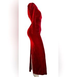 Deep red vintage velvet dress maxi length long sleeves w/ slit sexy size 5 small